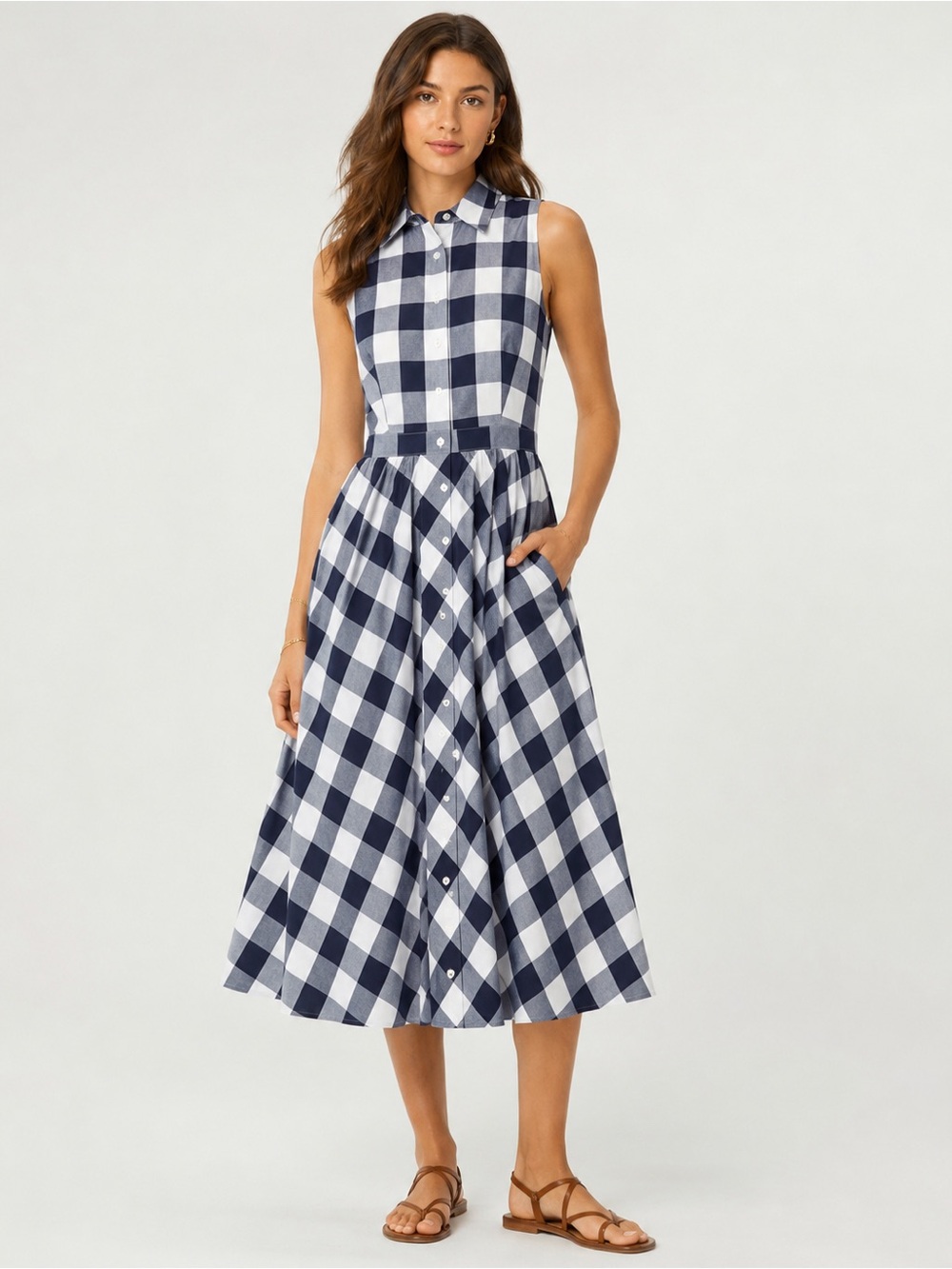 Brooks Brothers Gingham Shirtwaist Dress Navy White Cotton Sleeveless Fit&Flare